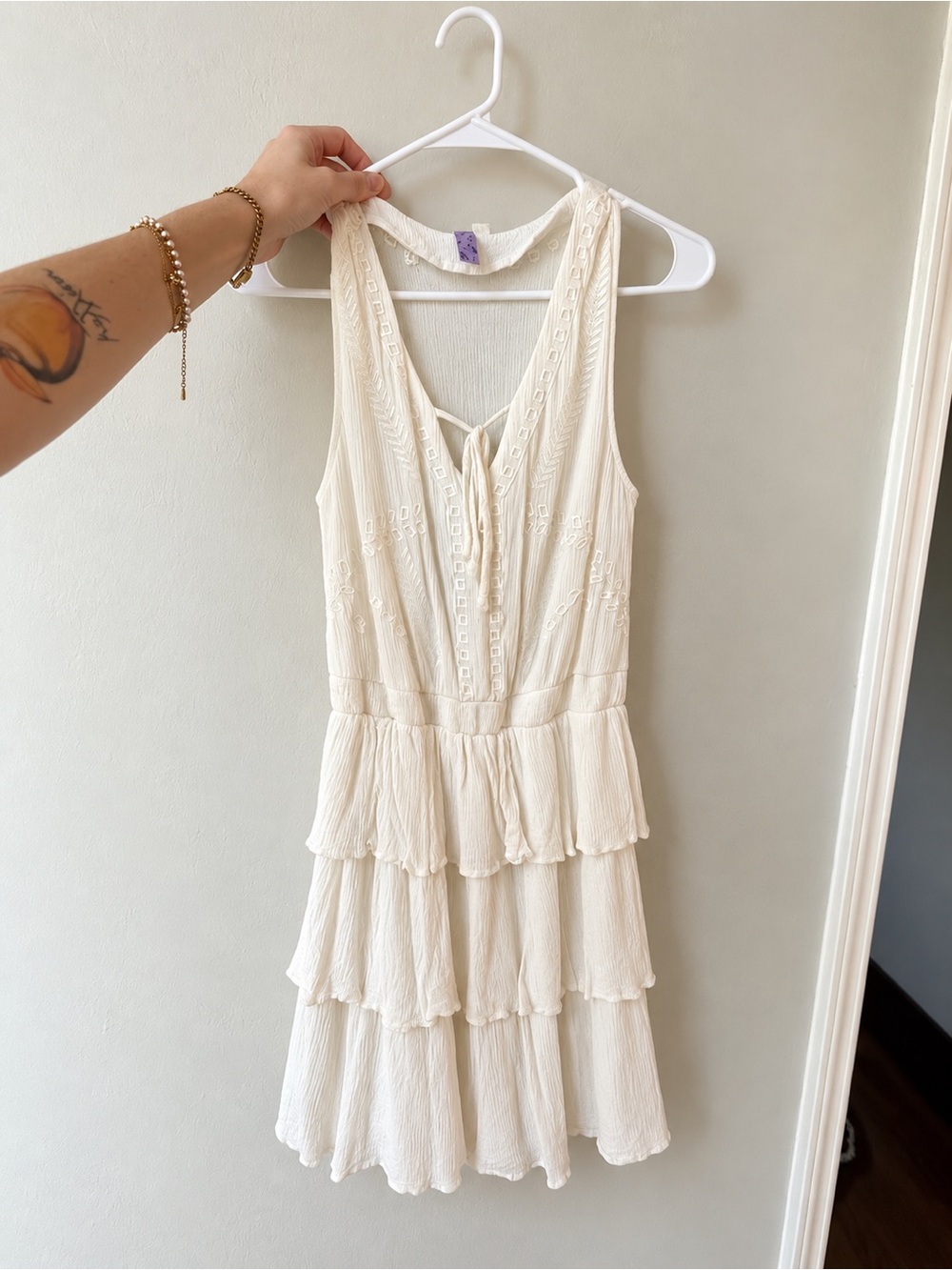 Alya Ivory Boho Tiered Ruffle Embroidered Dress Size S Y2K Festival